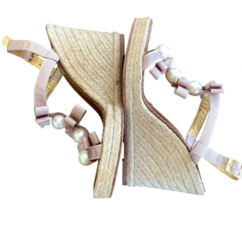 Kate Spade Espadrille Wedge Sandals Ribbon Bow Pearl Detail Feminine Size 8.5
